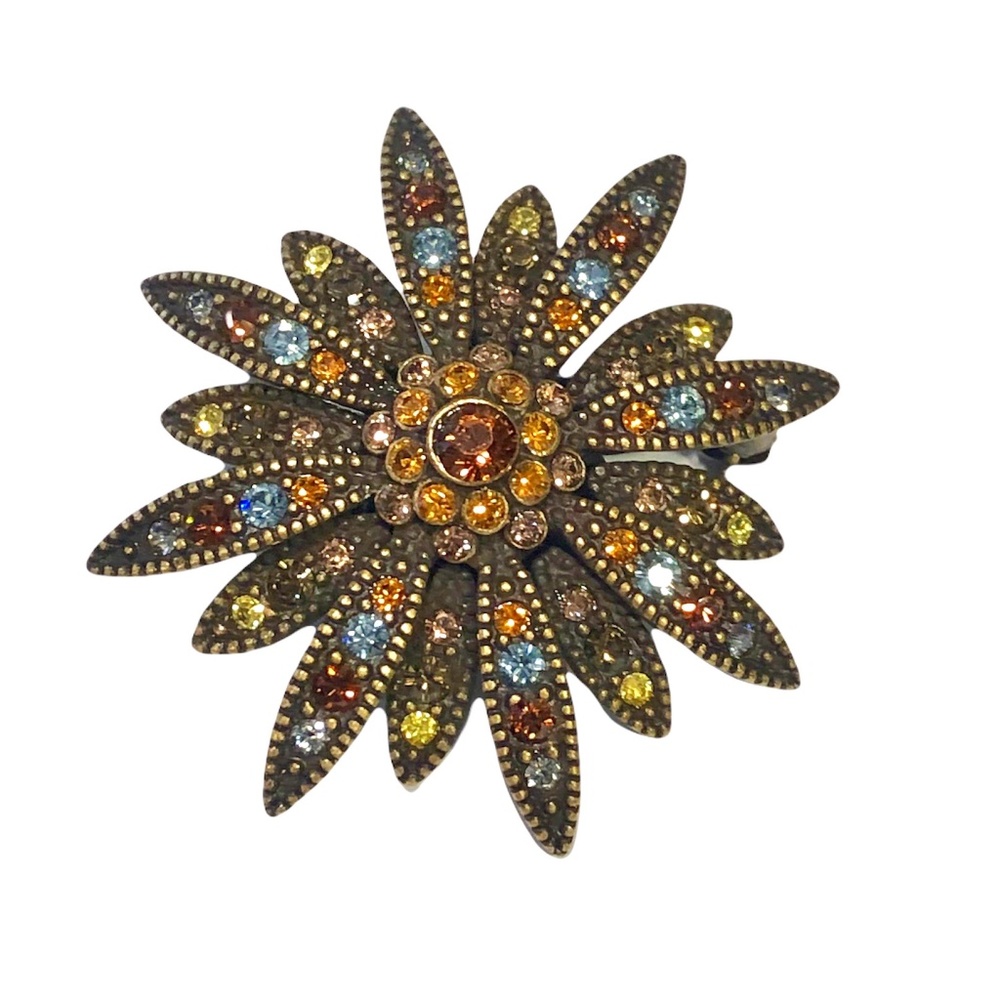 JOAN RIVERS SMALL AUTUMN COLORED CRYSTAL SUNBURST FLOWER BROOCH